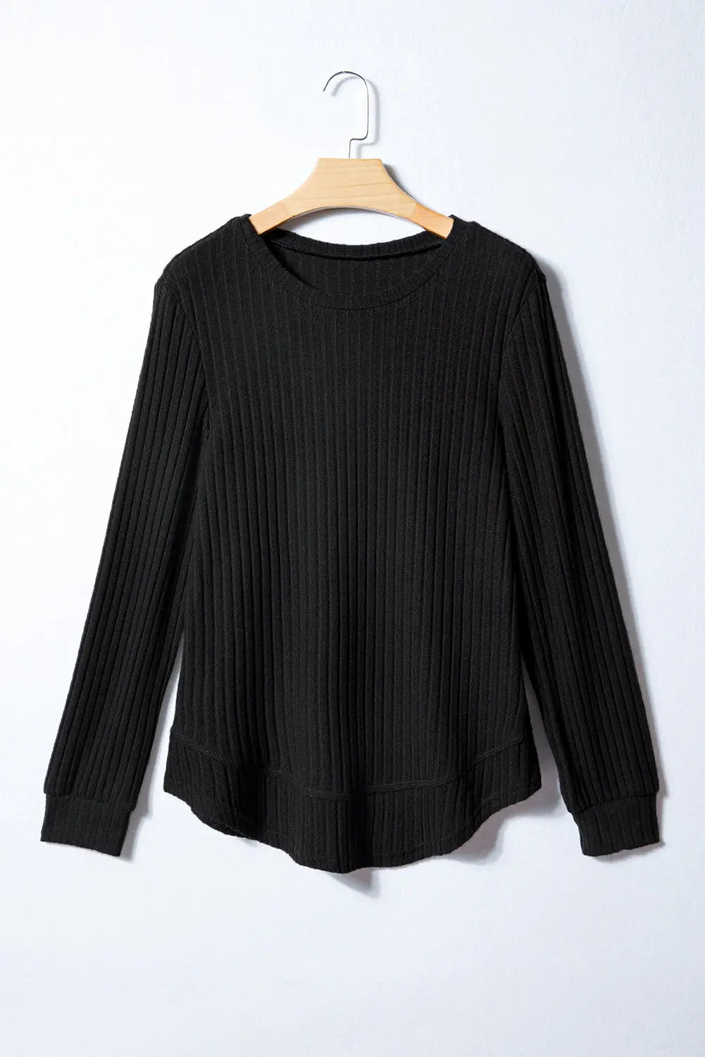 Black Ribbed Texture Round Neck Long Sleeve Rounded Hem Knit Top Markonline