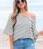 Black Stripe Half Sleeve Scoop Neck Loose Top Markonline