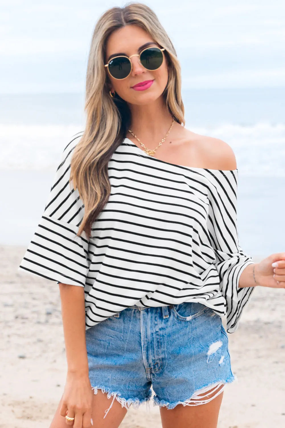 Black Stripe Half Sleeve Scoop Neck Loose Top Markonline