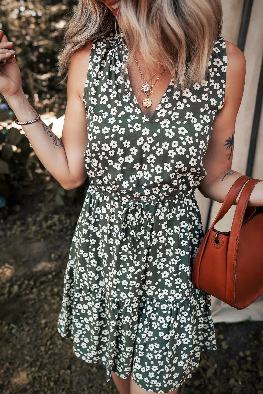 Green Boho Floral Print V Neck Tunic Sleeveless Dress Markonline