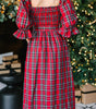 Red Tartan Plaid Square Neck Puff Sleeve Knot Waist Flared Midi Dress Markonline