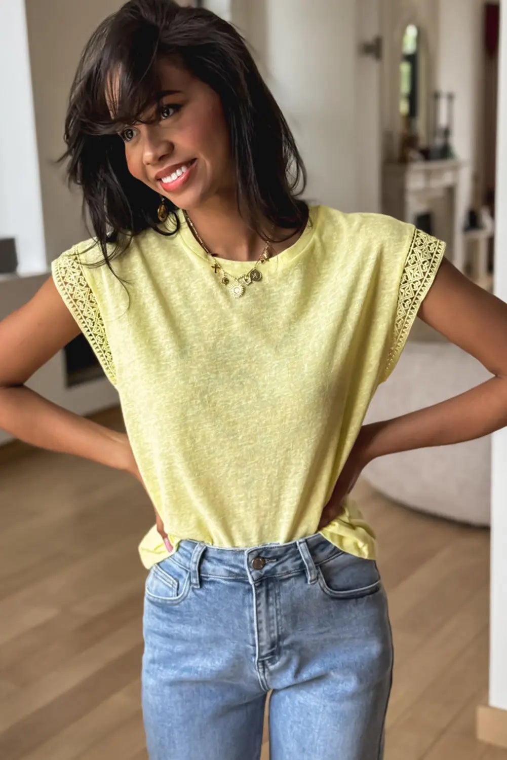 Yellow Cream Lace Patchwork Cap Sleeve Round Neck T Shirt Markonline