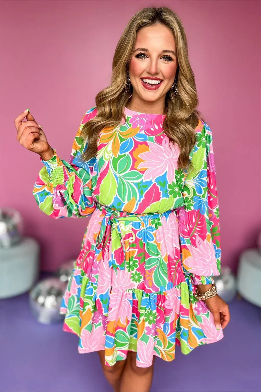 Green Multicolor Botanical Bubble Sleeve Mini Dress Markonline