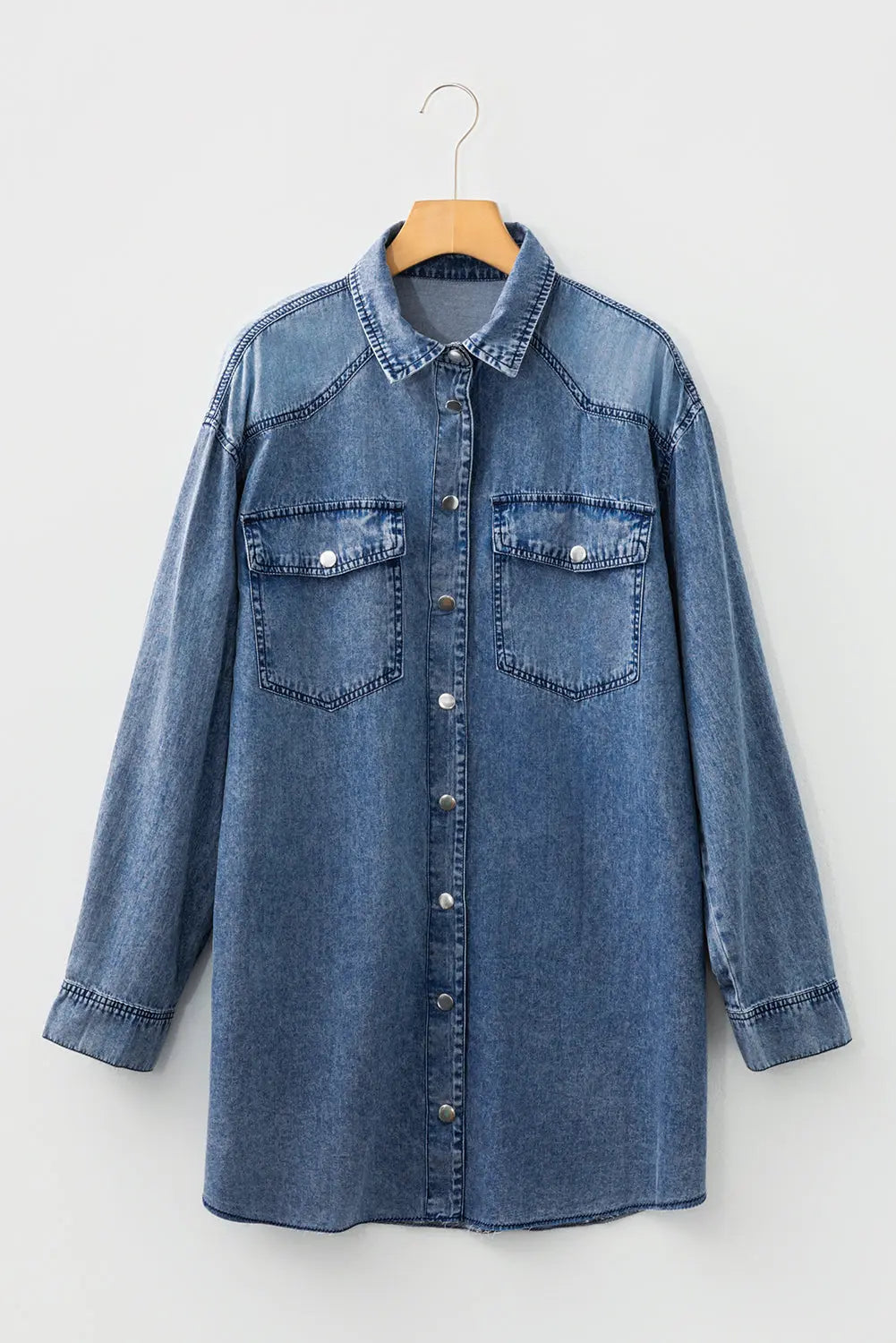 Blue Beau Chest Pocket Raw Hem Denim Loose Shirt Dress Markonline