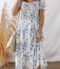 Sky Blue Smocked Bodice Short Puff Sleeve Tiered Floral Midi Dress Markonline