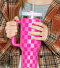 Bright Pink Checkered Print Handled Stainless Steel Tumbler Cup 40oz Dear-Lover Dropshipping