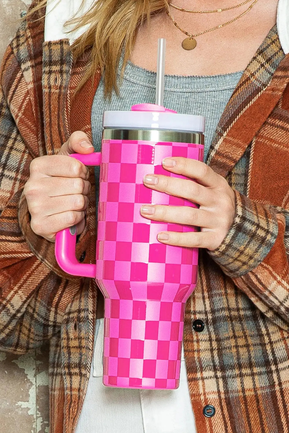 Bright Pink Checkered Print Handled Stainless Steel Tumbler Cup 40oz Dear-Lover Dropshipping