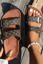 Coffee Geometric Print Cut Out Buckle PU Leather Flat Slippers Markonline