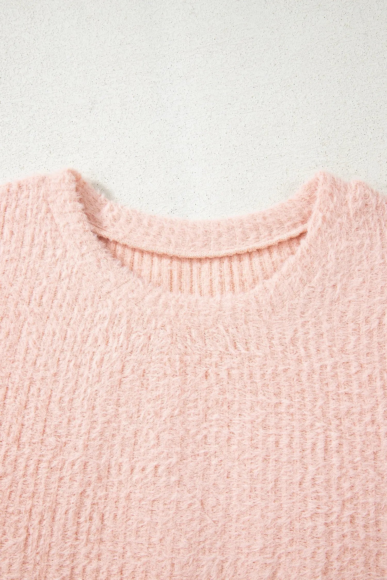 Light Pink Fuzzy Ribbed Texture Round Neck Long Sleeve Top Markonline