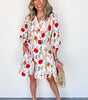 Beige Floral Print 3/4 Puff Sleeve Ricrac Trim Mini Dress Markonline
