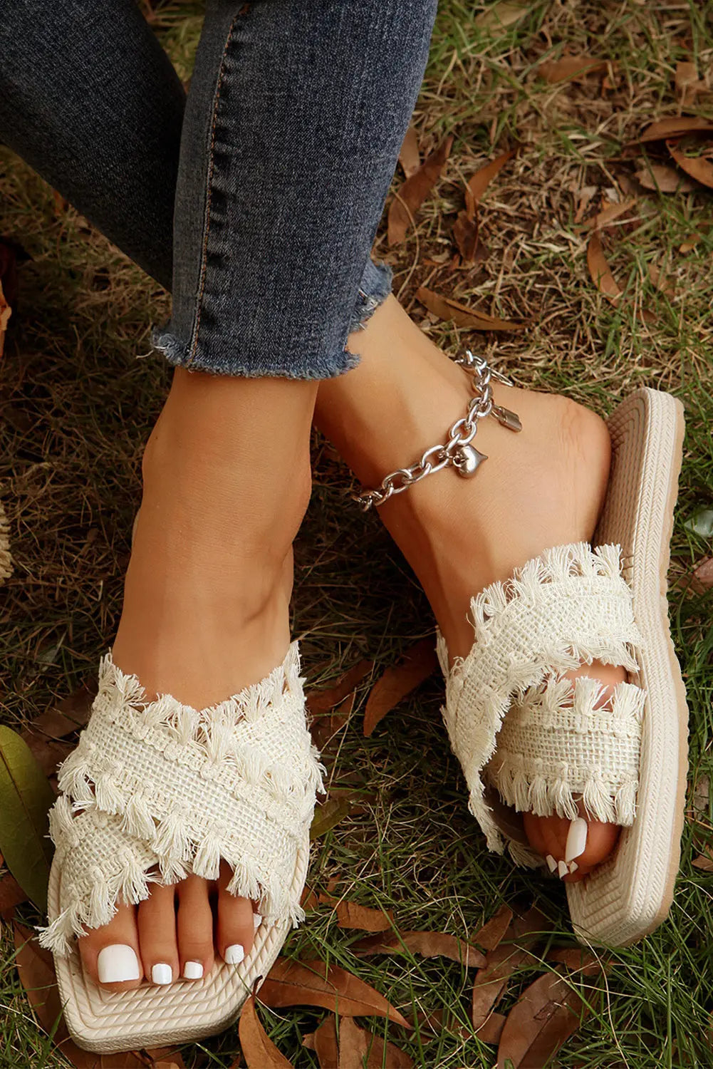Beige Tassel Woven Crossed Straps Flat Slippers Dear-Lover Dropshipping