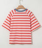 Tomato Red Stripe Print Contrast Collar Raglan Sleeve T Shirt Markonline