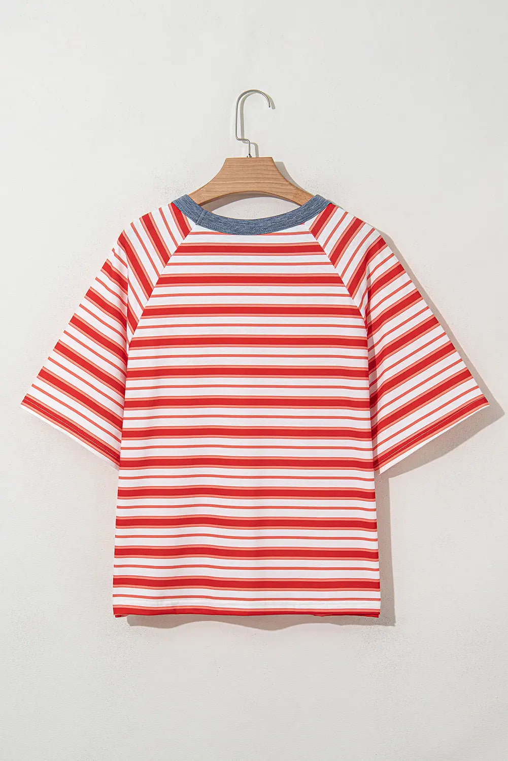 Tomato Red Stripe Print Contrast Collar Raglan Sleeve T Shirt Markonline