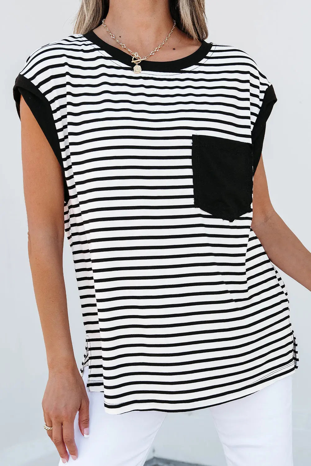 Black Stripe Chest Pocket Patch Round Neck Tank Top Dear-Lover Dropshipping