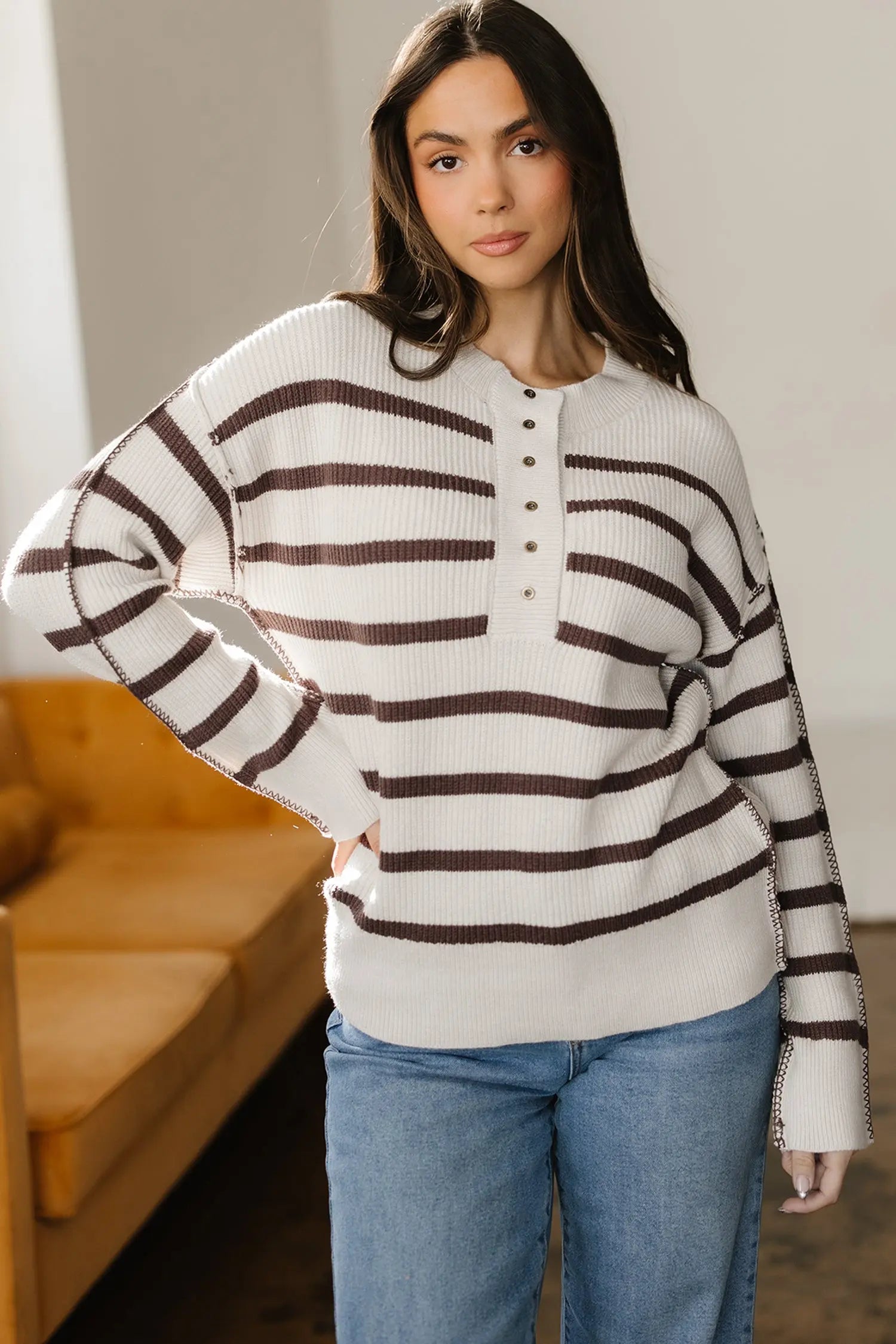Brown Stripe Ribbed Henley Drop Shoulder Slouchy Sweater Dear-Lover Dropshipping