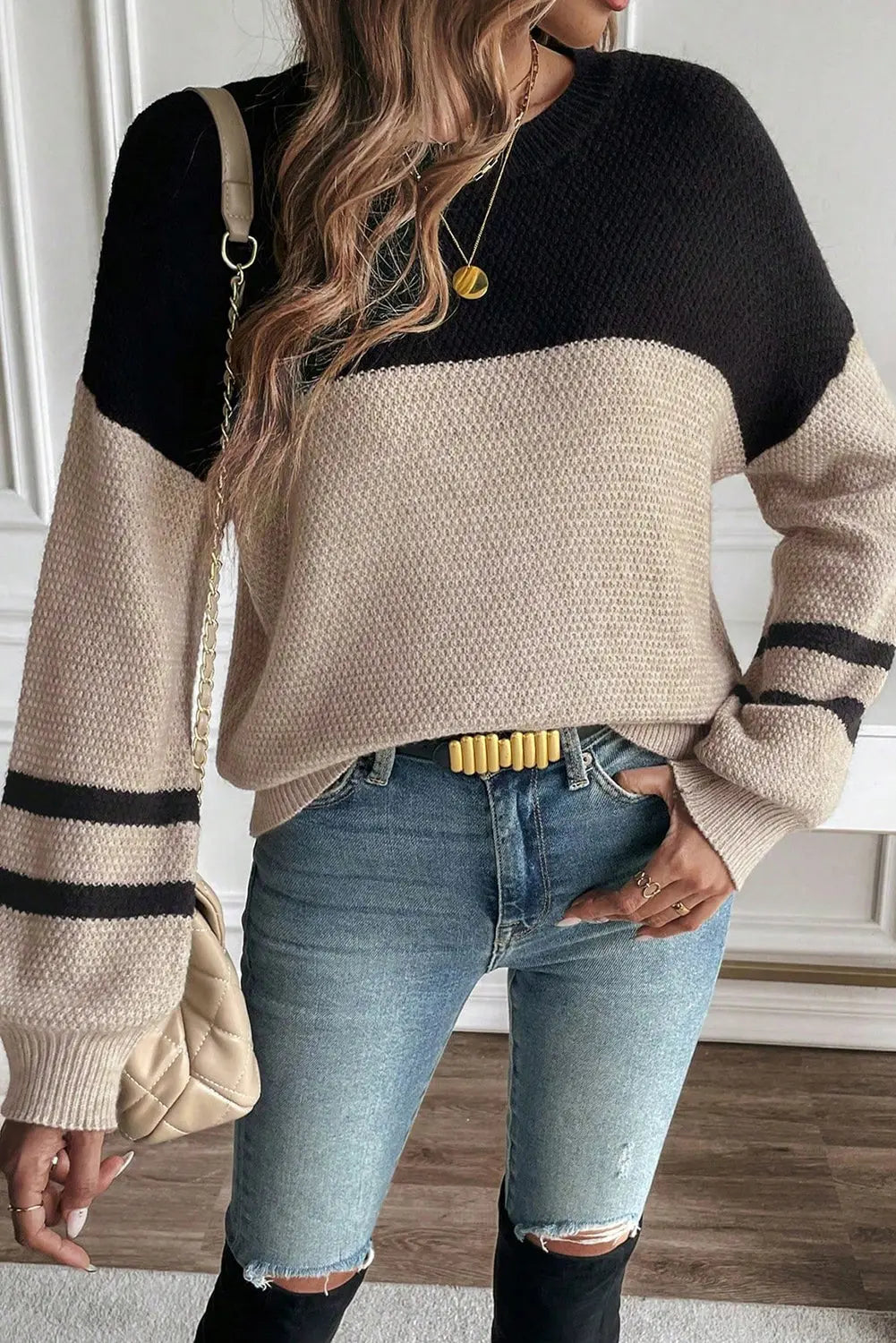 Parchment Color Block Knit Striped Sleeve Detail Casual Sweater Dear-Lover Dropshipping