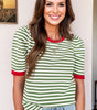 Green Stripe Short Puff Sleeve Contrast Trim Round Neck Tee Markonline
