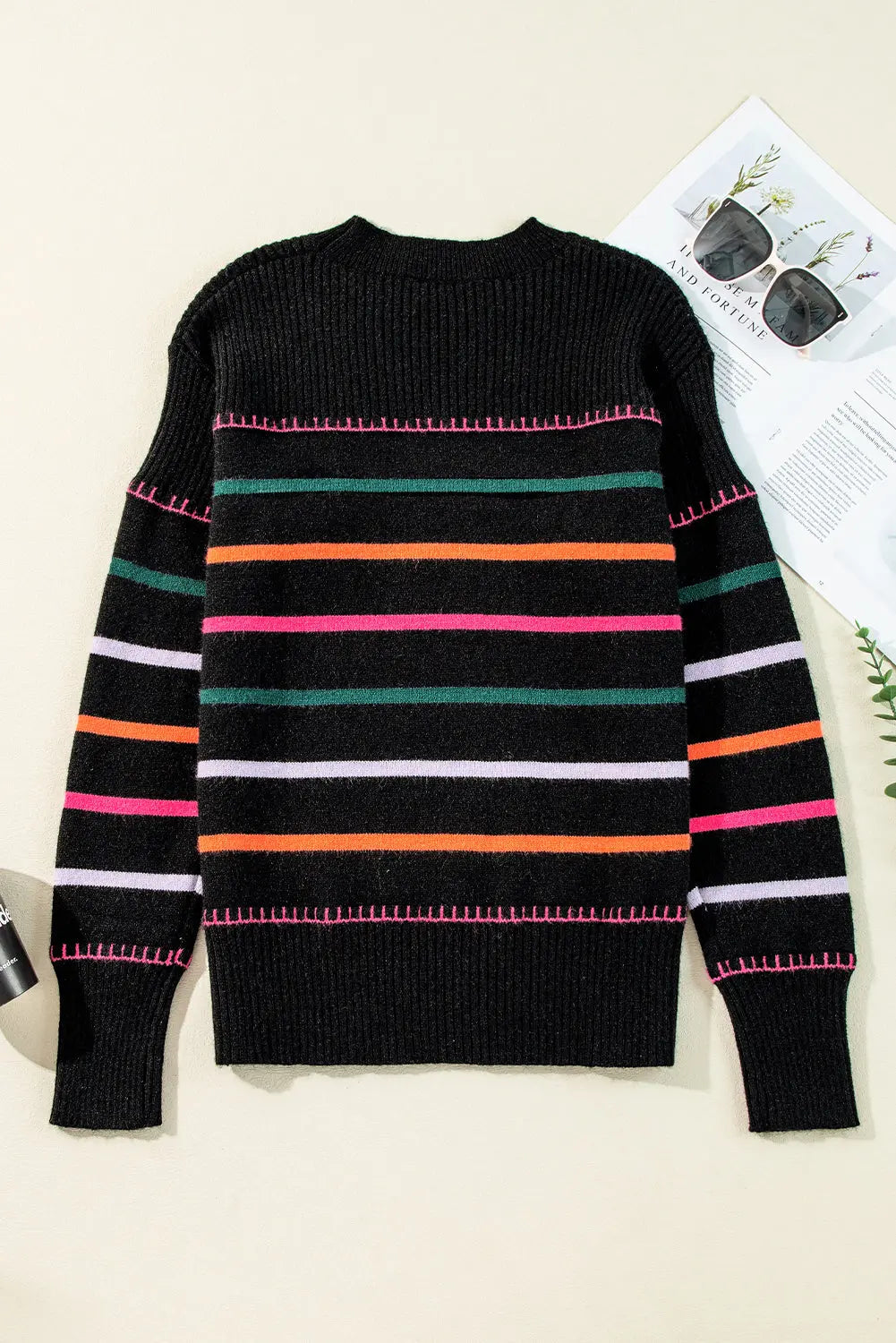 Black Colorful Striped Ribbed Trim Sweater Dear-Lover Dropshipping