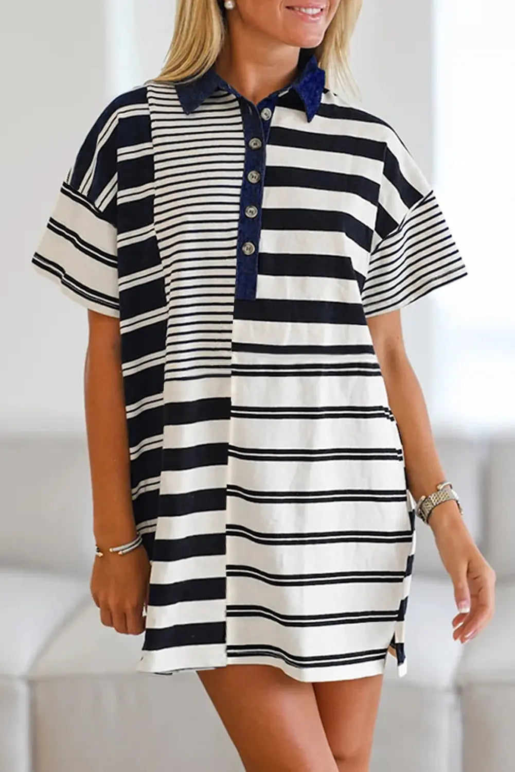 Black Stripe Half Placket Polo T Shirt Dress Markonline