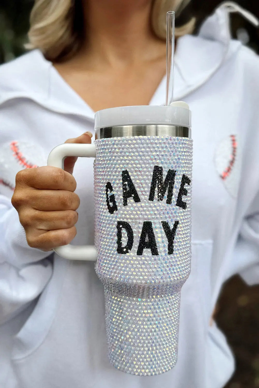 White GAME DAY Rhinestone Handle Large Tumbler 40oz Dear-Lover Dropshipping