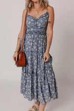 Blue Floral Spaghetti Strap Frilled V Neck Tiered Midi Dress Markonline