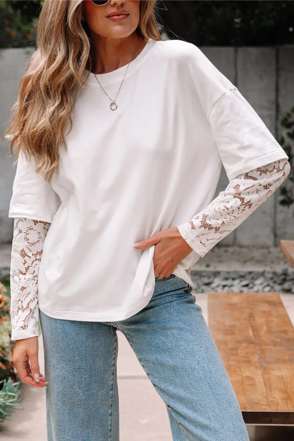 White Lace Long Sleeve Insert Drop Shoulder Tee Markonline