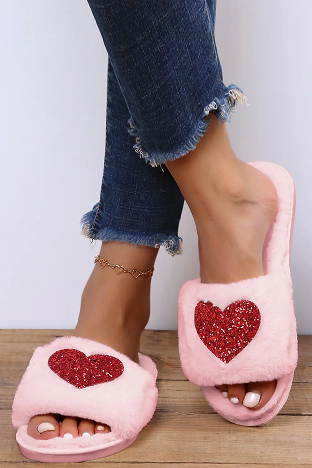 Pink Sequin Heart Shaped Slip On Plush Slippers Dear-Lover Dropshipping