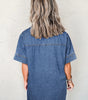 Blue Short Sleeve Collared Patched Pocket Denim Mini Dress Markonline