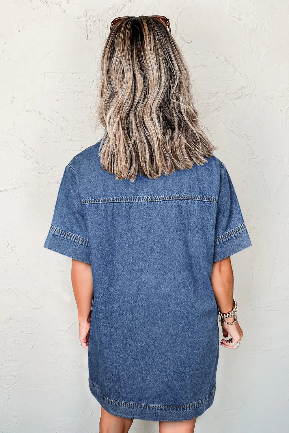 Blue Short Sleeve Collared Patched Pocket Denim Mini Dress Markonline