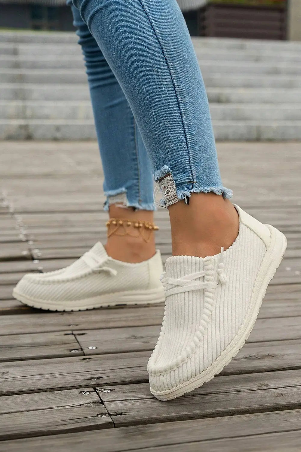 White Solid Ribbed Criss Cross Slip On Casual Shoes Markonline