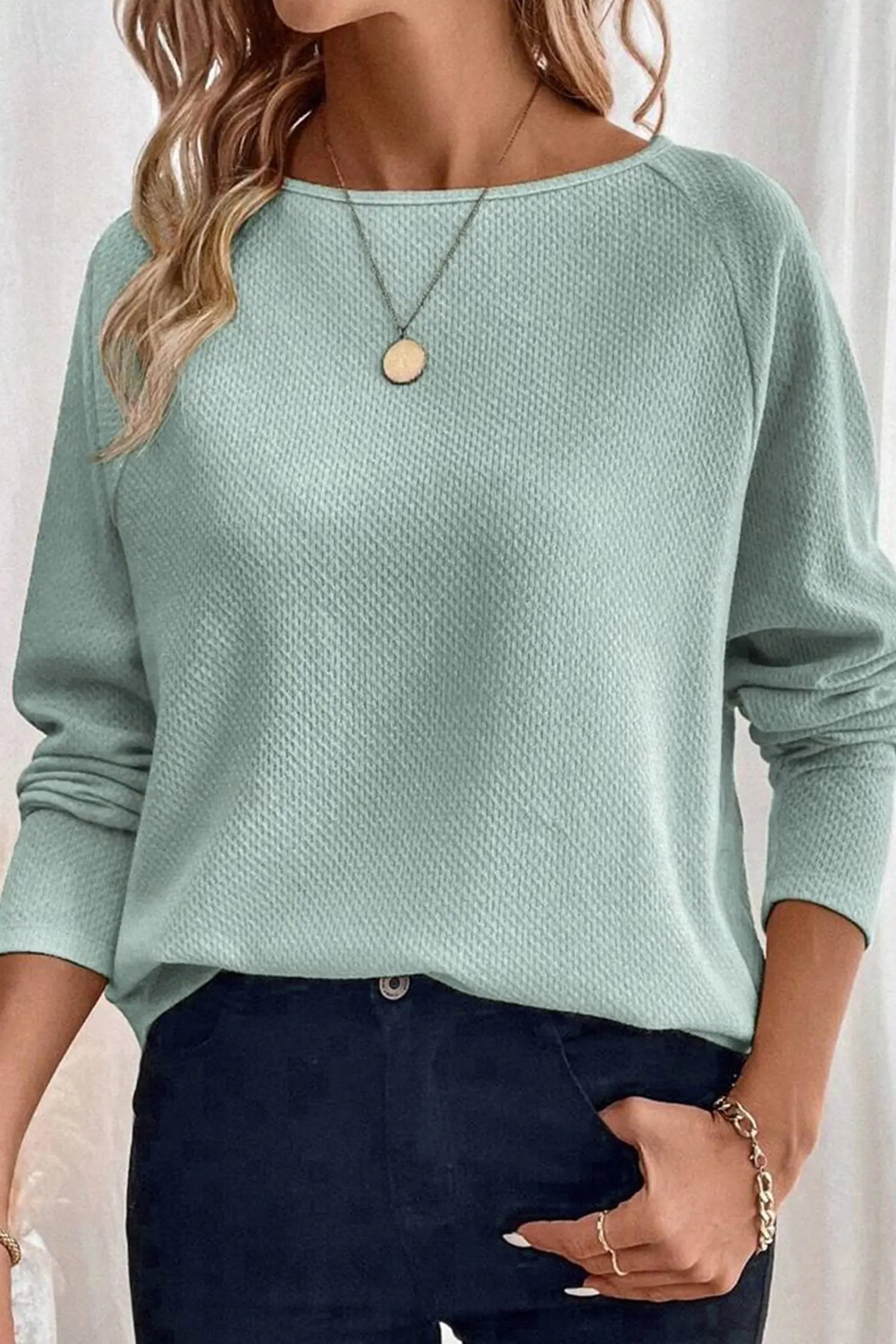Moonlight Jade Textured Raglan Sleeve Knit Loose Top Dear-Lover Dropshipping