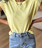 Yellow Cream Lace Patchwork Cap Sleeve Round Neck T Shirt Markonline