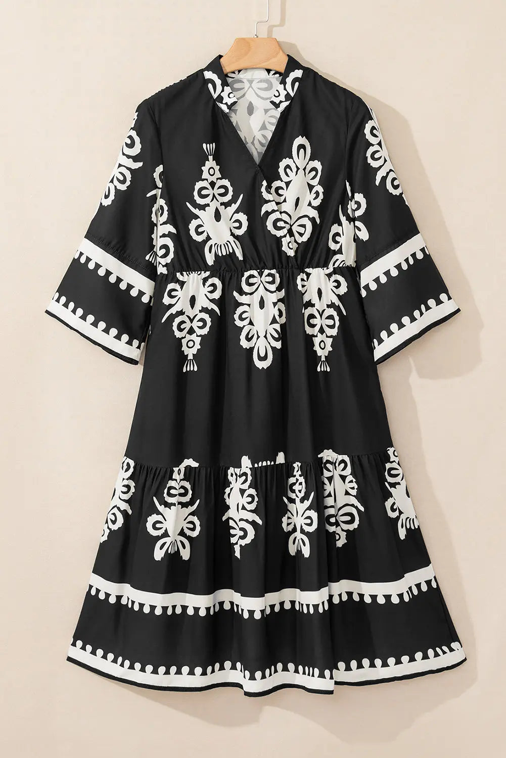 Black Western Geometric Print 3/4 Sleeve Loose Midi Dress Markonline