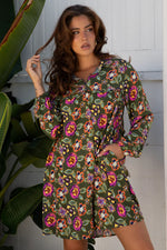 Green Floral Print Split Neck Bubble Sleeve Shift Mini Dress Markonline