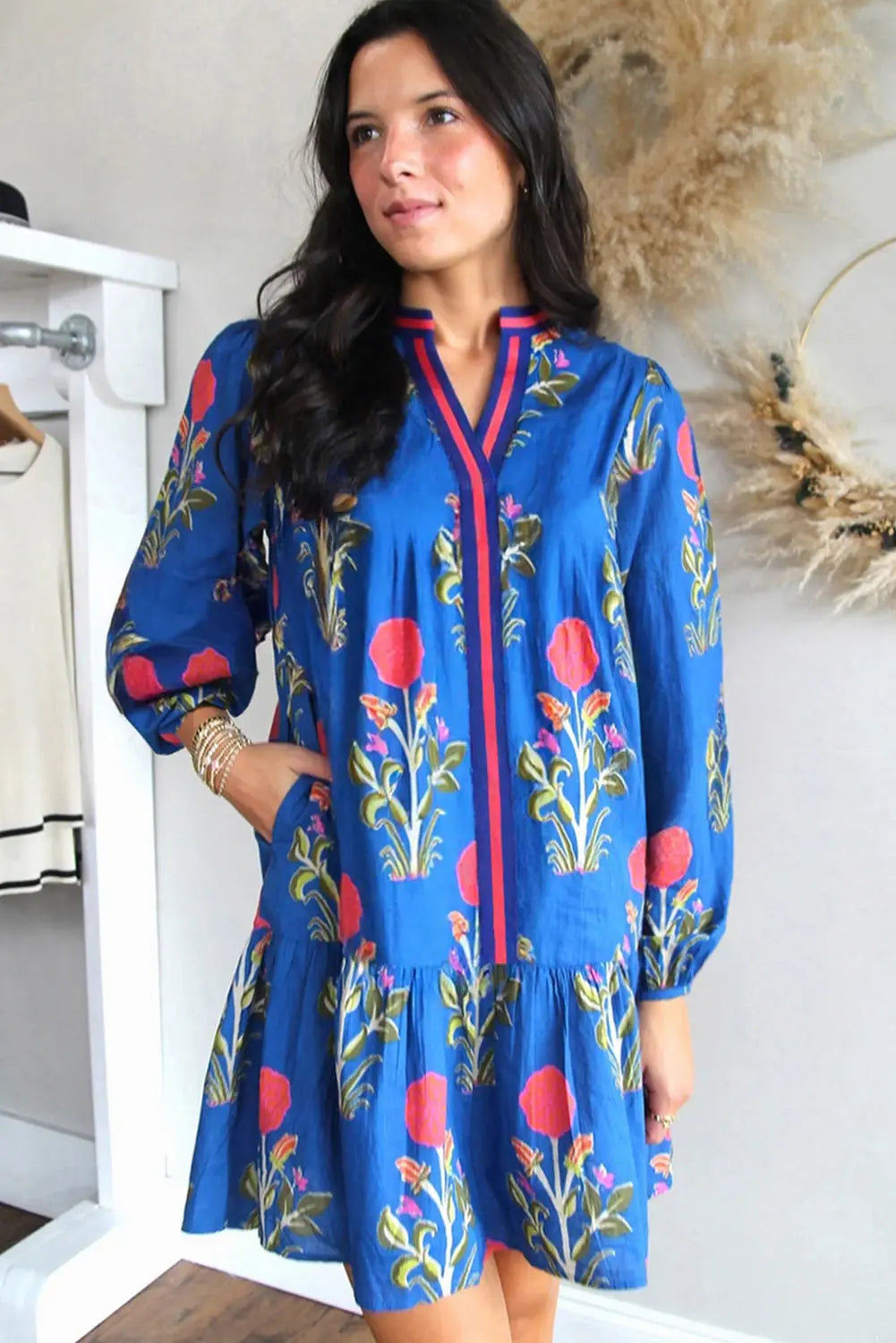 Sky Blue Floral Print Contrast Striped Trim Notched Neck Long Sleeve Dress Markonline