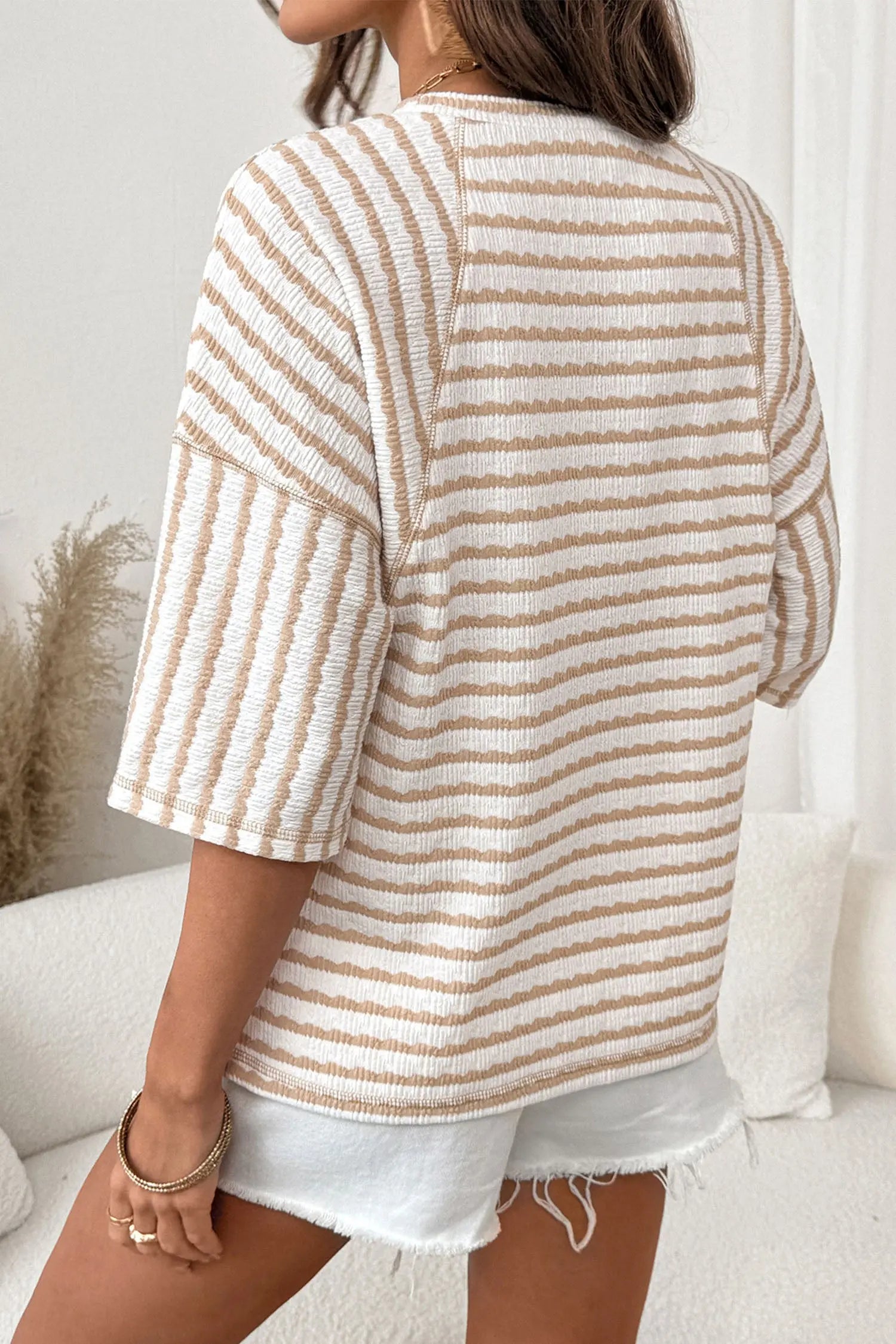 Apricot Stripe Textured Knit Split Hem Half Sleeve Loose Top Markonline