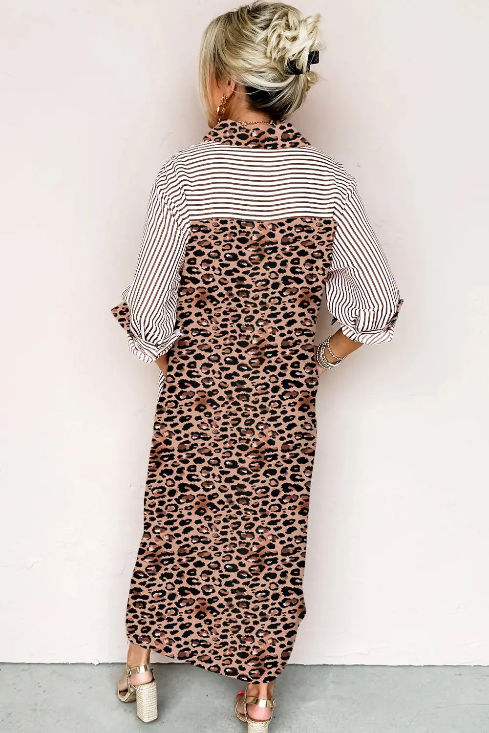 Brown Stripe Contrast Leopard Patchwork Long Shirt Dress with Slits Markonline