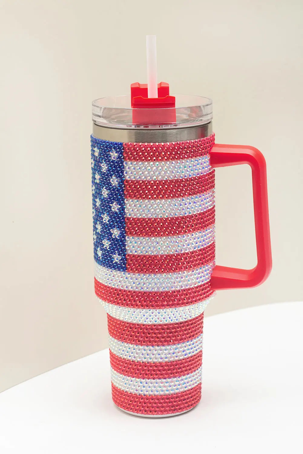 Red Rhinestone American Flag Print Handled 40oz Thermos Tumbler Dear-Lover Dropshipping