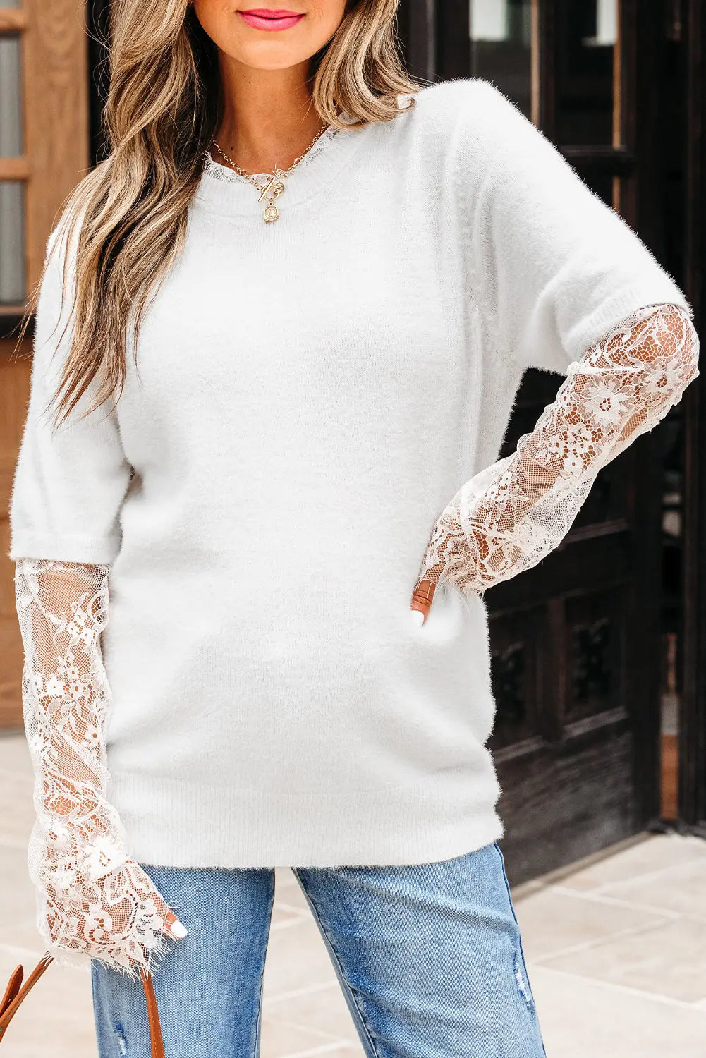 Beige Lace Sleeve Patchwork Faux Two-piece Fuzzy Sweater Dear-Lover Dropshipping