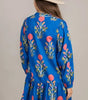 Sky Blue Floral Print Contrast Striped Trim Notched Neck Long Sleeve Dress Markonline