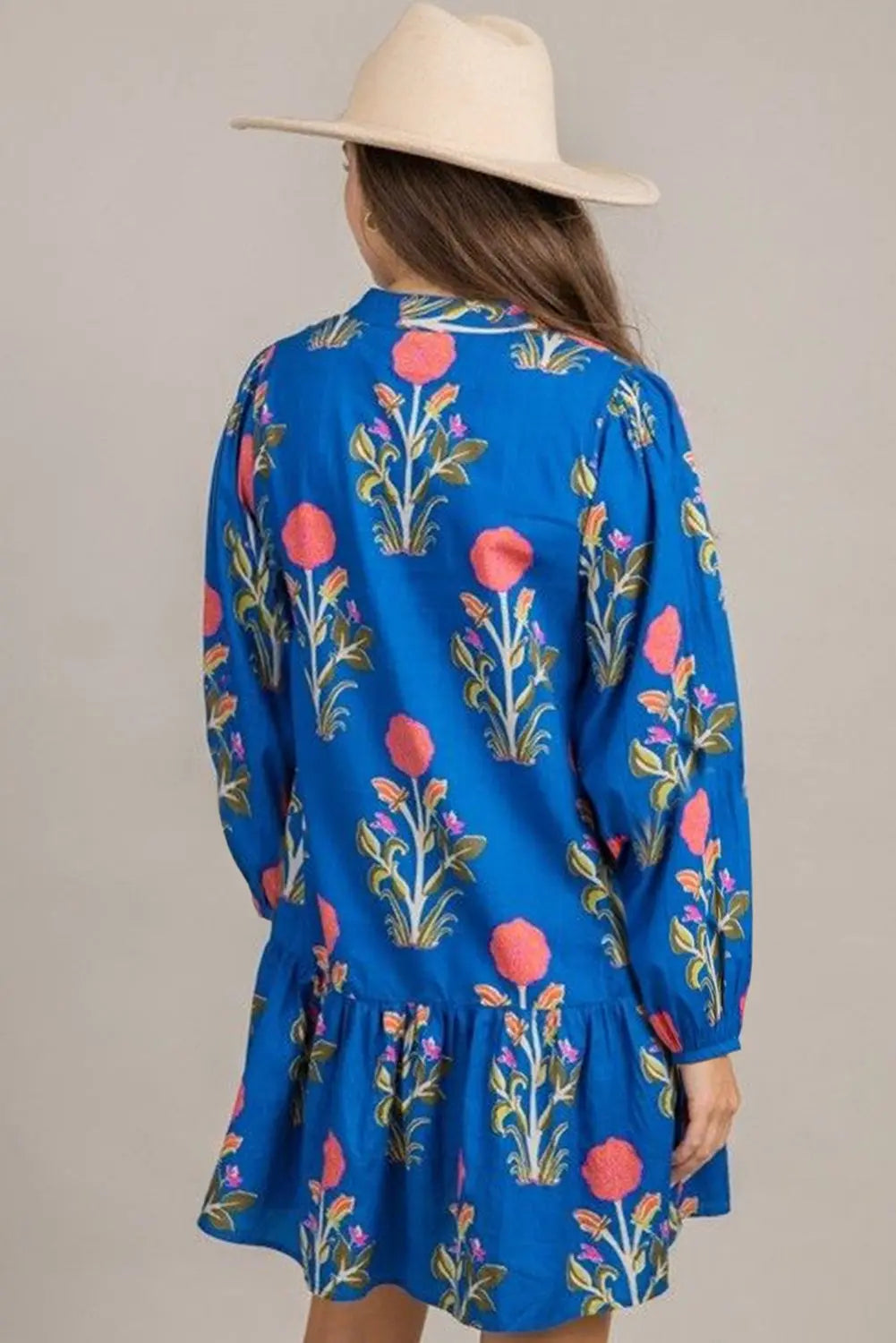 Sky Blue Floral Print Contrast Striped Trim Notched Neck Long Sleeve Dress Markonline