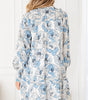 Sky Blue Floral Print Tie Neck Long Sleeve Flowy Mini Dress Markonline