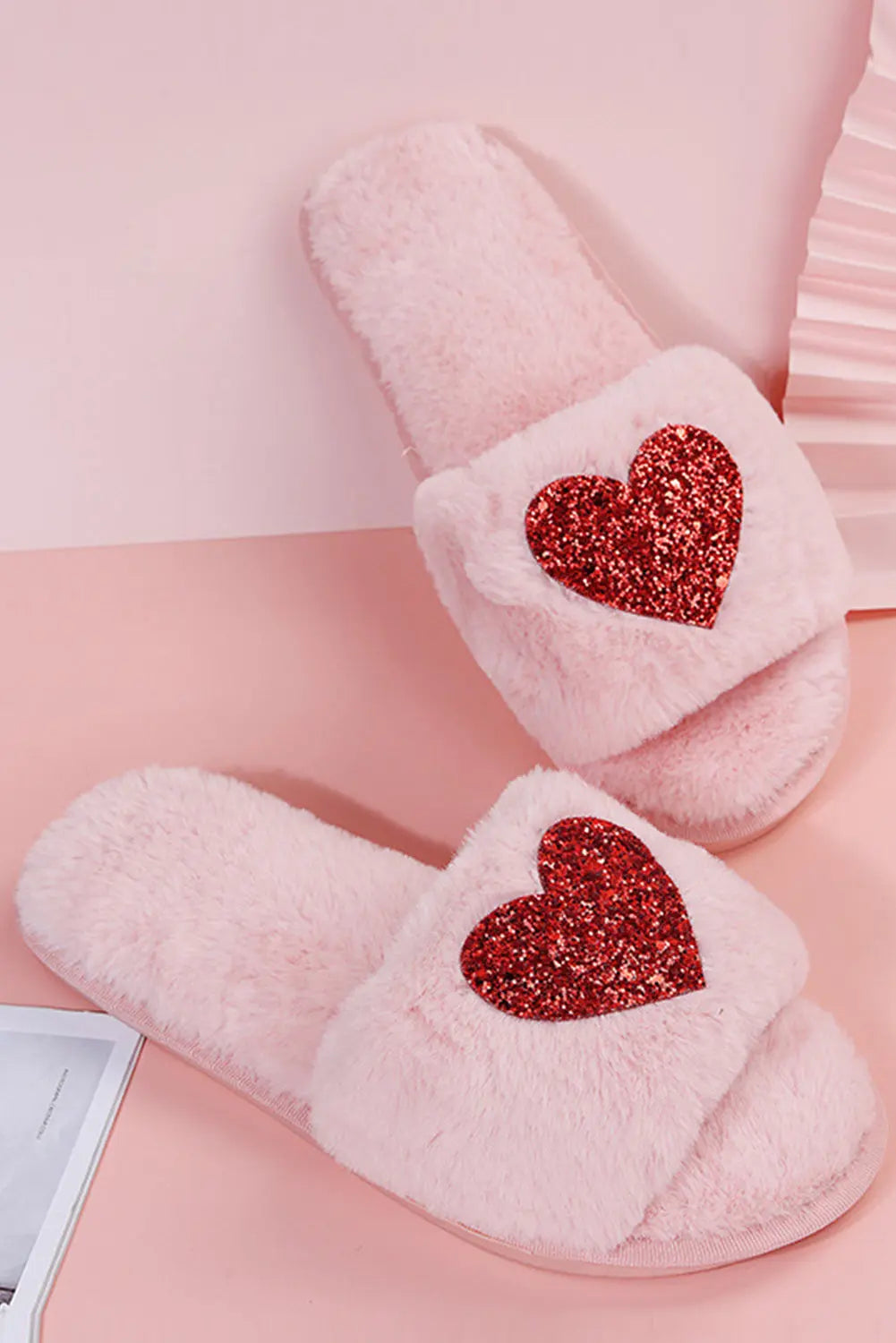 Pink Sequin Heart Shaped Slip On Plush Slippers Dear-Lover Dropshipping
