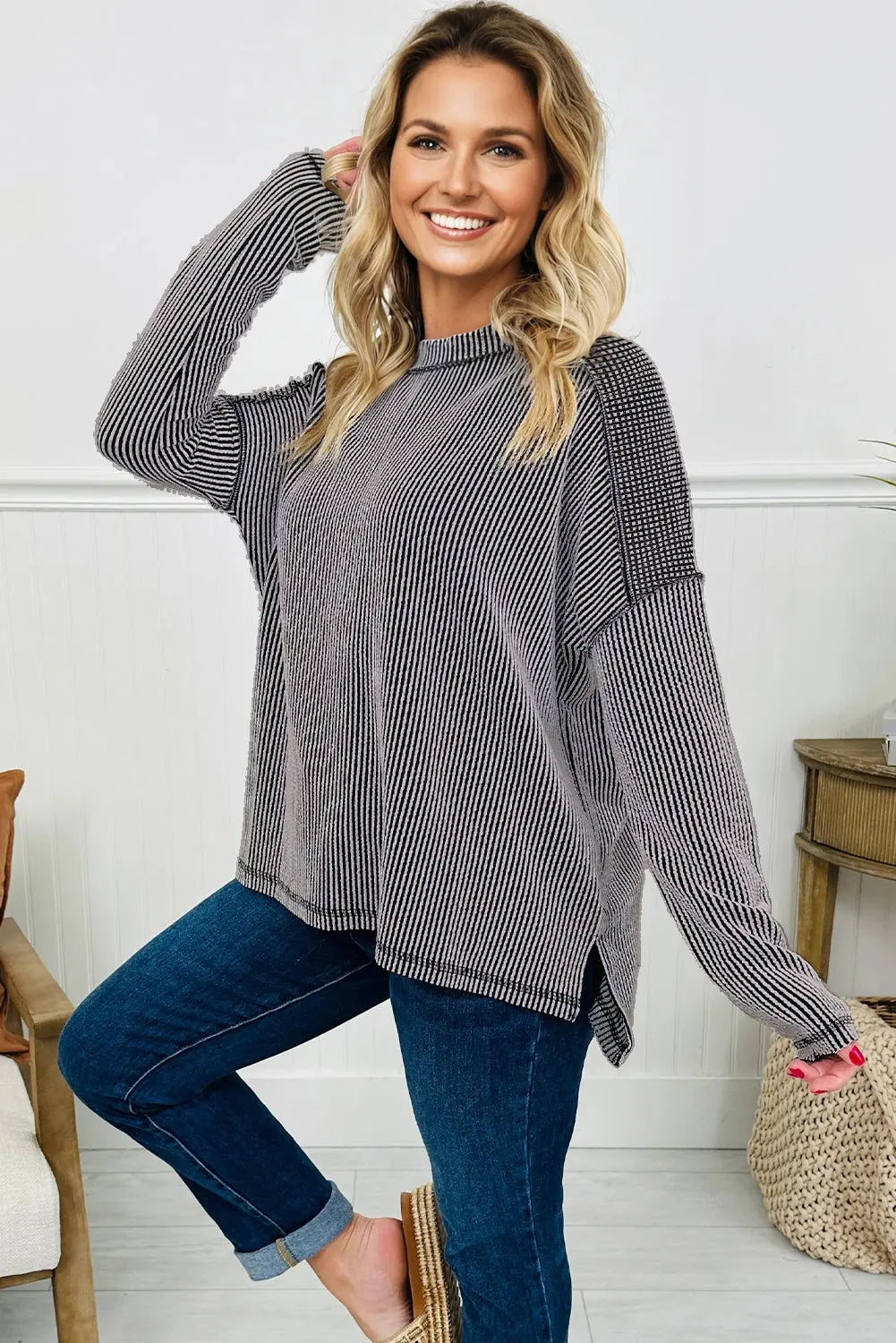 Black Twist Ribbed Exposed Seam Detail Long Sleeve Loose Top Dear-Lover Dropshipping