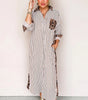 Brown Stripe Contrast Leopard Patchwork Long Shirt Dress with Slits Markonline