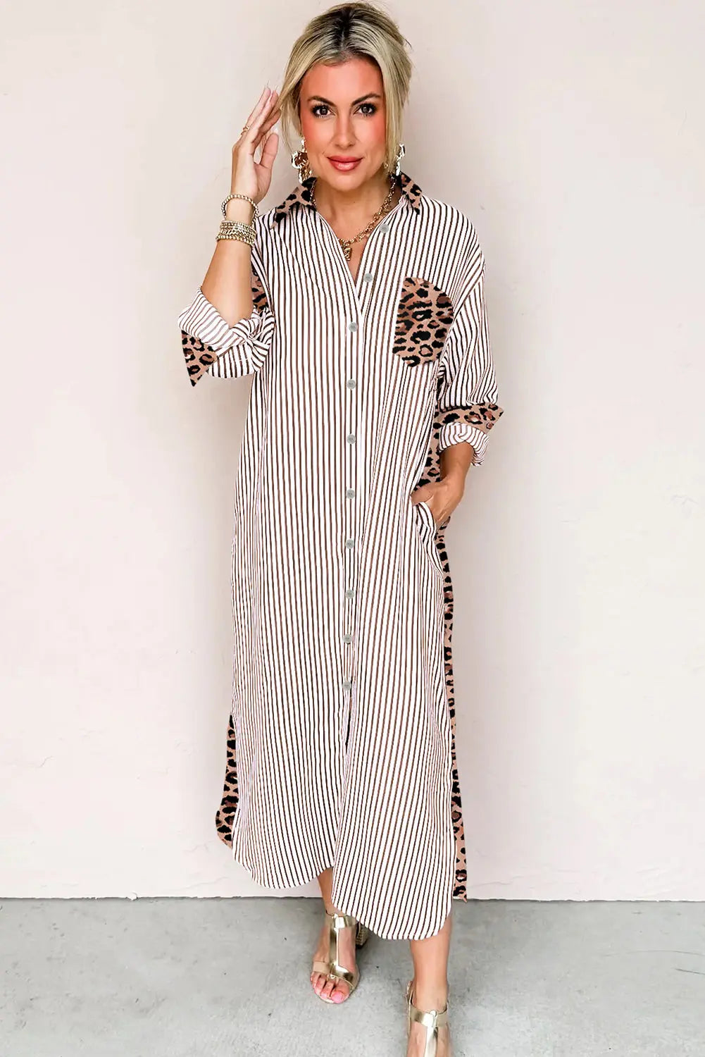 Brown Stripe Contrast Leopard Patchwork Long Shirt Dress with Slits Markonline