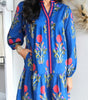 Sky Blue Floral Print Contrast Striped Trim Notched Neck Long Sleeve Dress Markonline