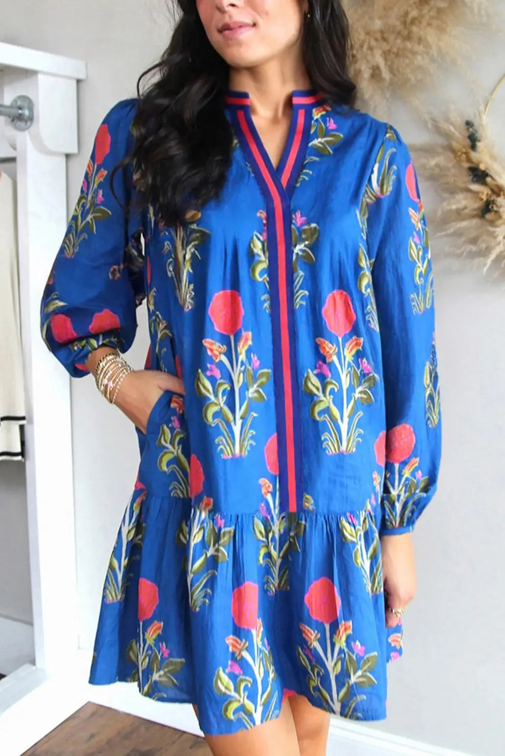 Sky Blue Floral Print Contrast Striped Trim Notched Neck Long Sleeve Dress Markonline