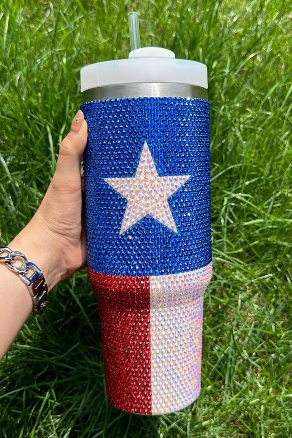 Dark Blue American Flag Star Full Rhinestone Handle Tumbler 40oz Dear-Lover Dropshipping