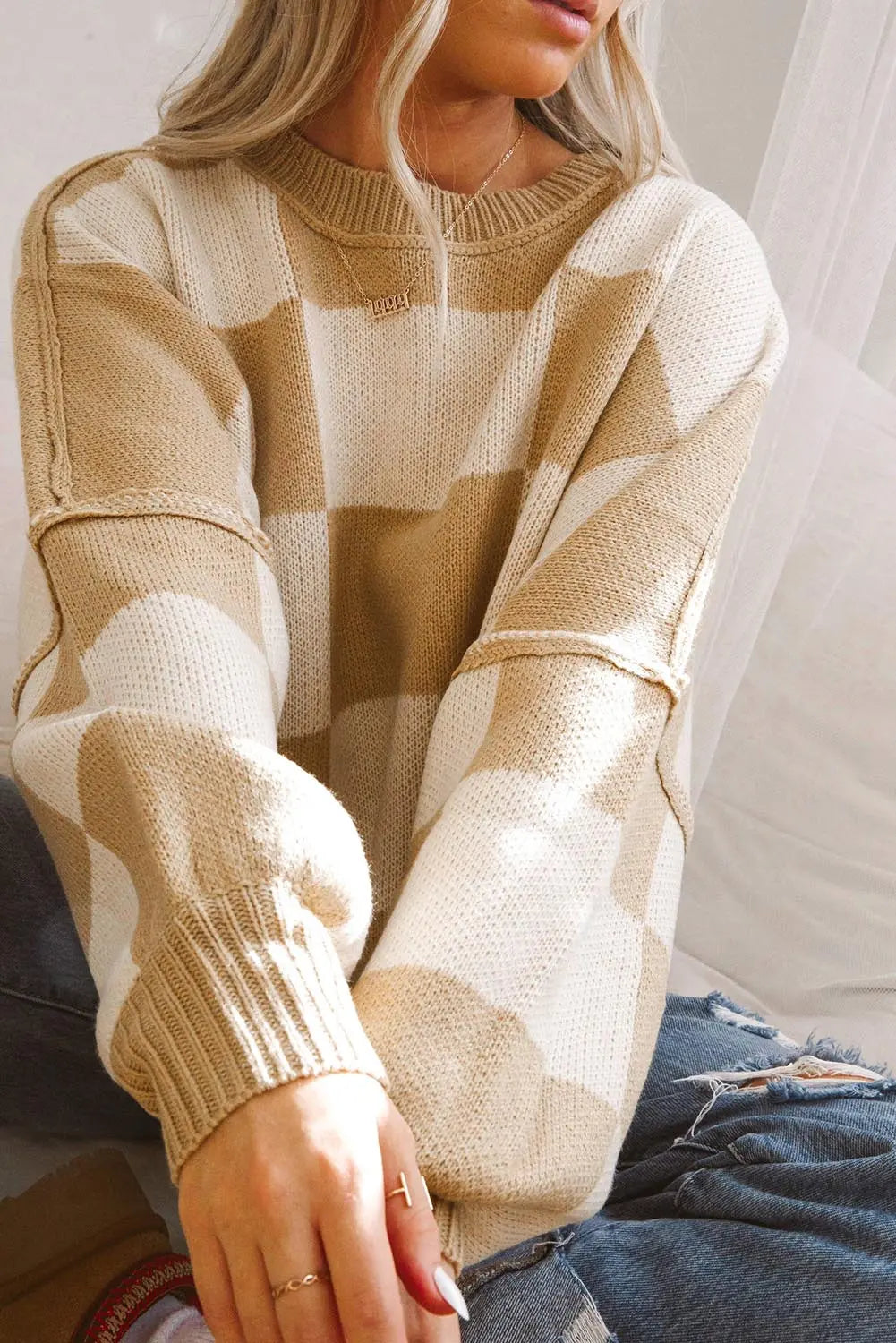 Khaki Checkered Bishop Sleeve Sweater Dear-Lover Dropshipping